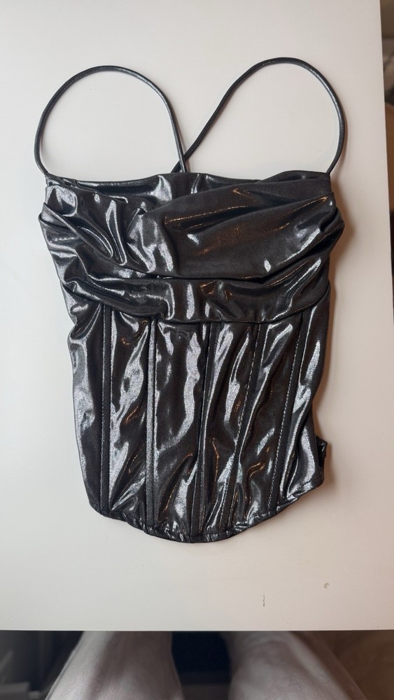 Y2K Shiny Metallic Silver Corset Medium Top Rave Festival Disco Party Clubbing
