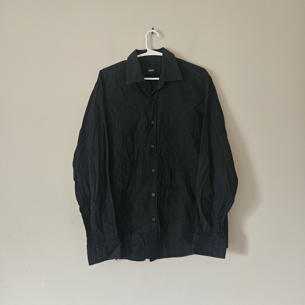 Hugo Boss Shirt Mens Large Black Button Up Long Sleeve Textured Collared