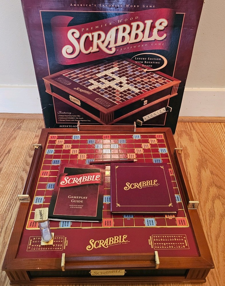 SCRABBLE Premier Wood Luxury Edition Rotating Crossword Board Game Missing 1 