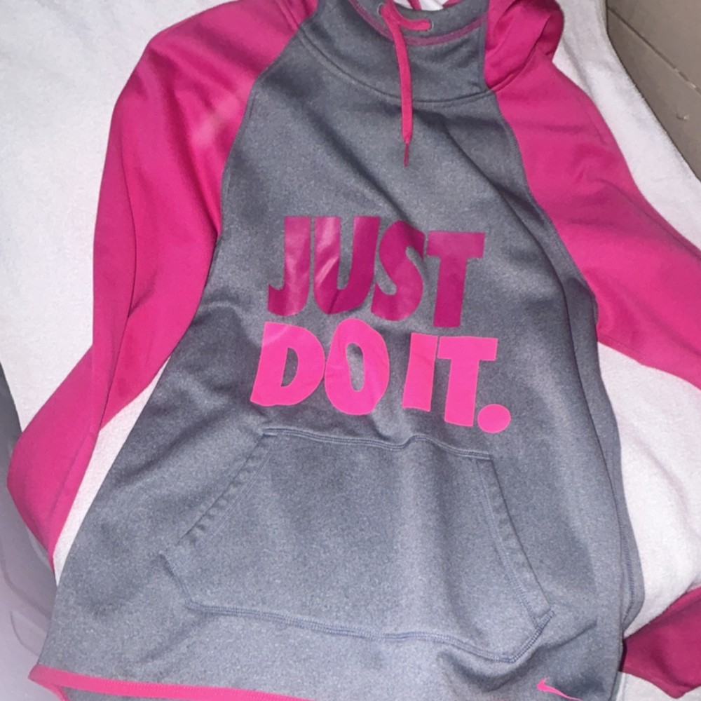 Nike Just Do It Therma-Fit Pullover Hoodie Girls M Pink Gray Fleece Long Sleeve