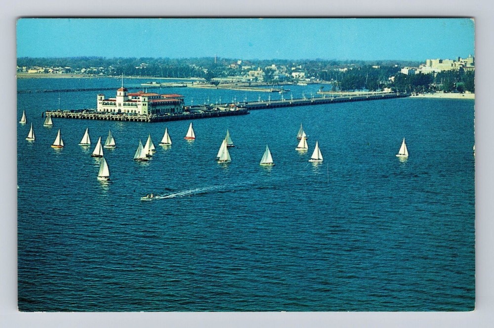 St Petersburg FL-Florida, Aerial View, Sailboat Regatta, Pier, Vintage Postcard