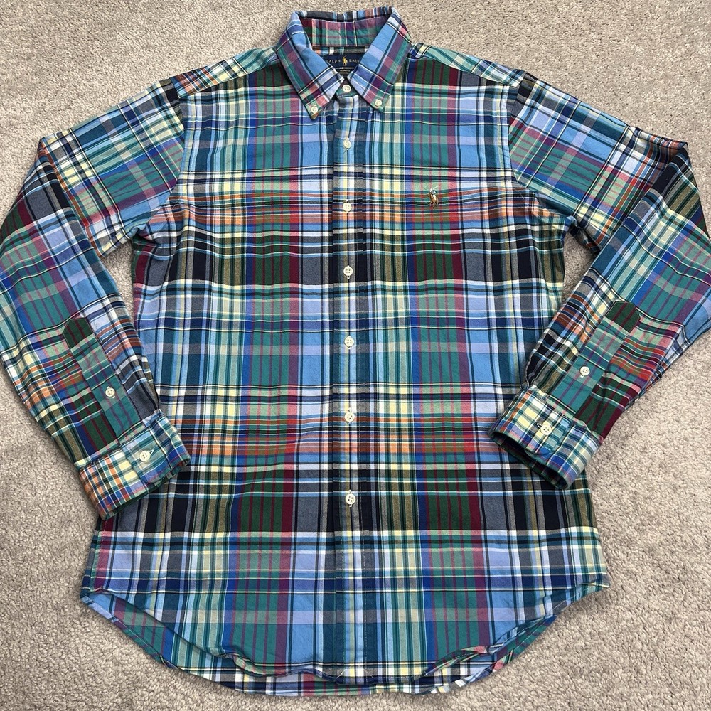 Polo Ralph Lauren Slim Fit Stretch Oxford Button Shirt Mens Medium Blue Plaid