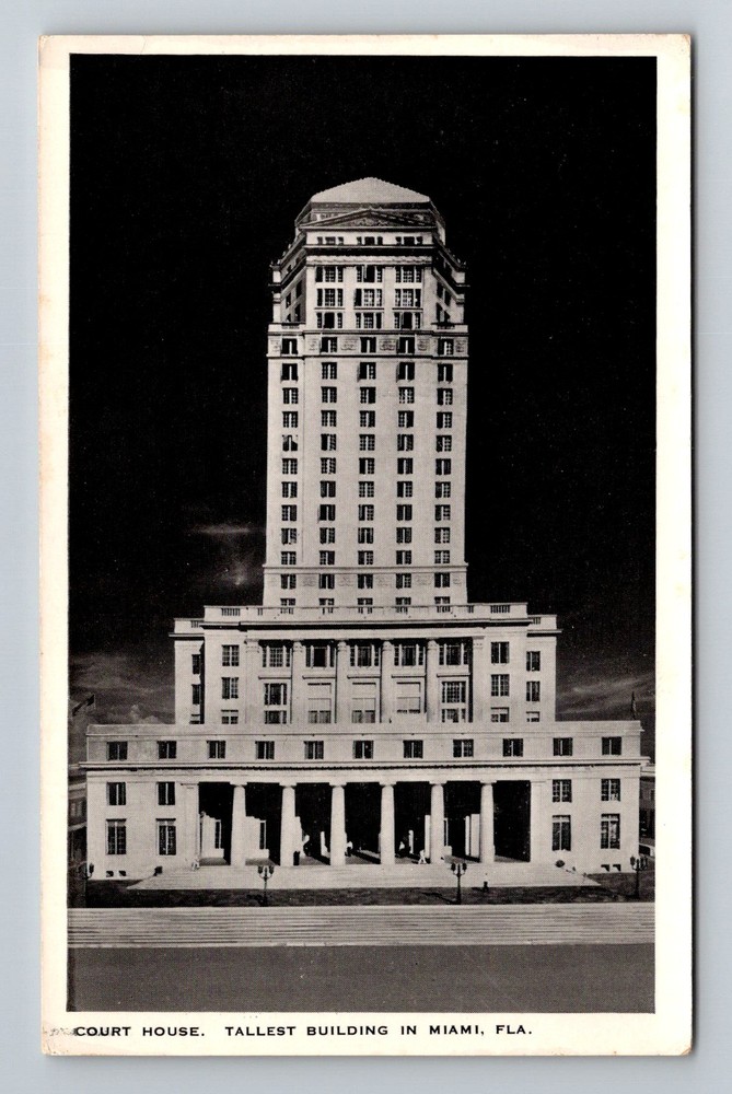 Miami, FL-Florida, Court House Tallest Building Night View Vintage Postcard