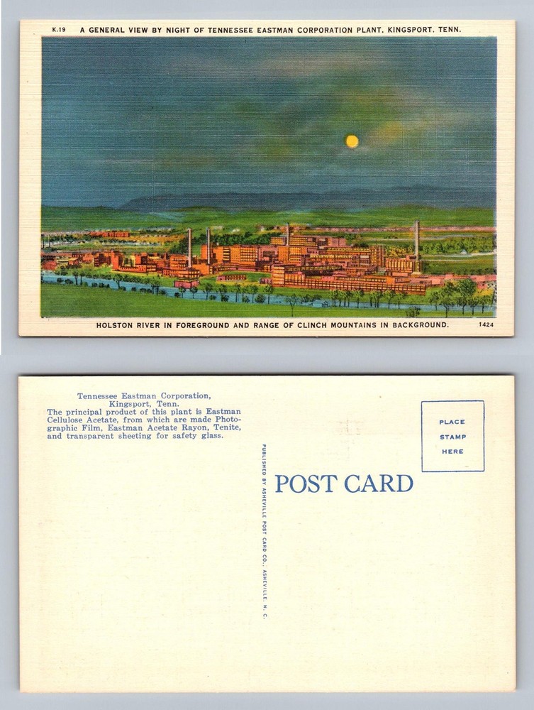 Kingsport, TN-Tennessee, Eastman Corporation Plant Night View Vintage Postcard