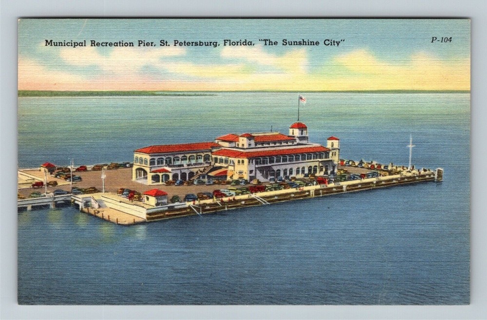 St. Petersburg, FL-Florida, Municipal Recreation Pier Aerial View Linen Postcard