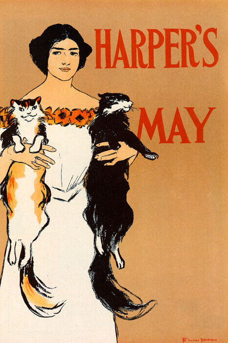 HARPER'S MAY FASHION WOMAN CATS AMERICAN MAGAZINE VINTAGE POSTER REPRO