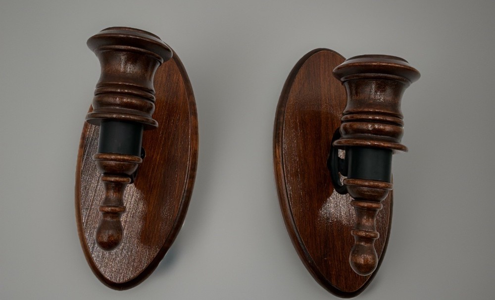 Vintage Wood & Wrought Iron Wall Candle Sconces Taper Candle Holders Set Of 2