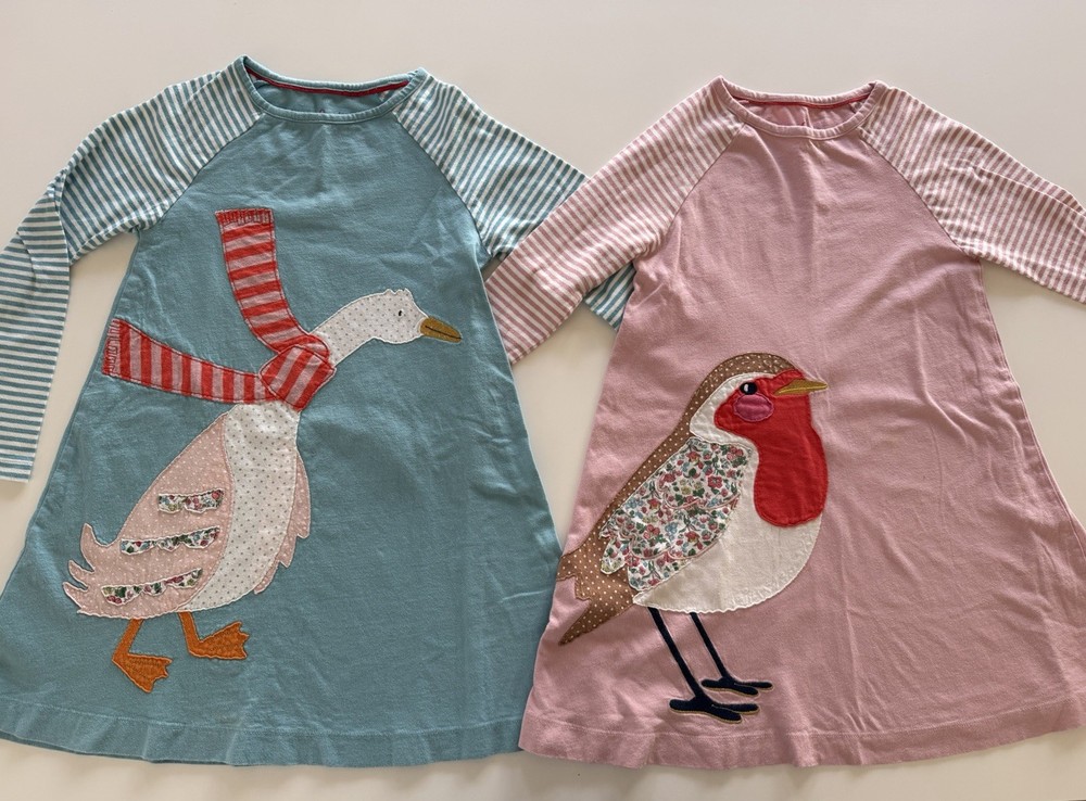 Set of Two MINI BODEN Cotton Dresses, Size 7-8Y, Goose & Bird Appliqué, Spring!