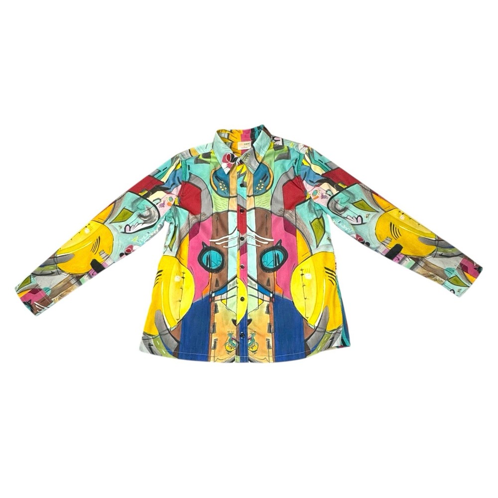 Abstract Surreal Art Graphic Shirt Men’s L Colorful Button-Up Long Sleeve-image