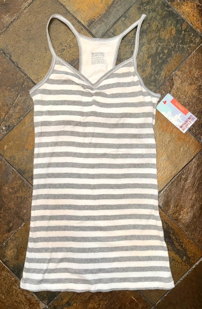 Mossimo Racerback Tank Top Womens Large Gray White Striped Built In Bra NEW!