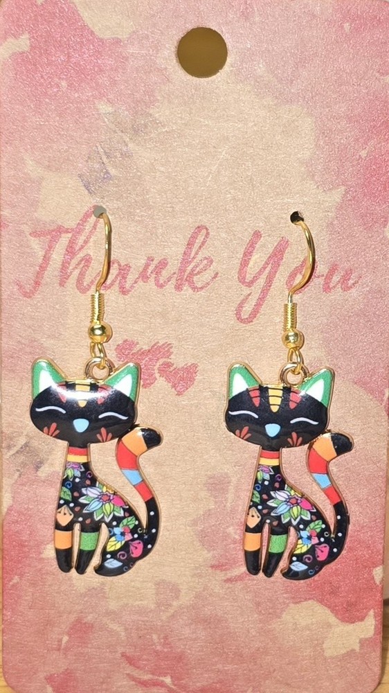 Dangle Black Cat Earrings With .925 Sterling Silver Hooks Goldtone Overlay
