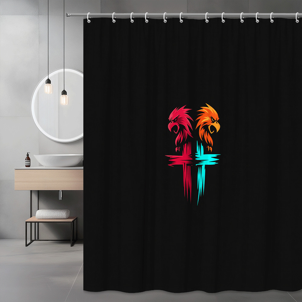 Black Shower Curtain with Neon Eagle Graphic Print