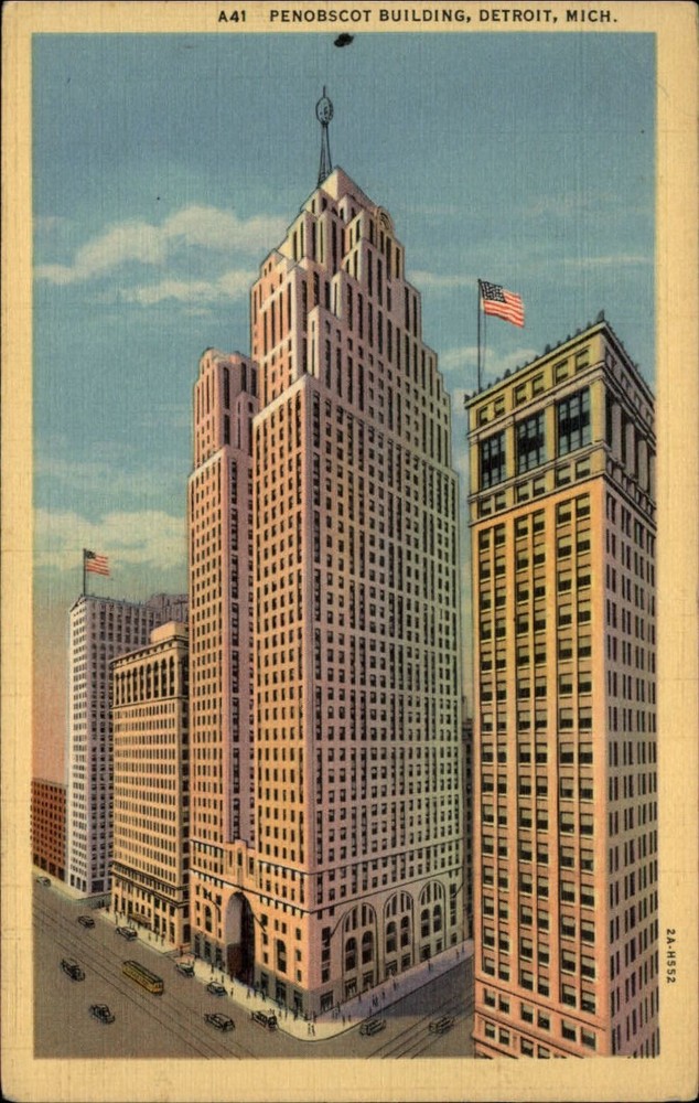 Michigan Detroit Penobscot Building ~ 1930s linen postcard  ~ s9599