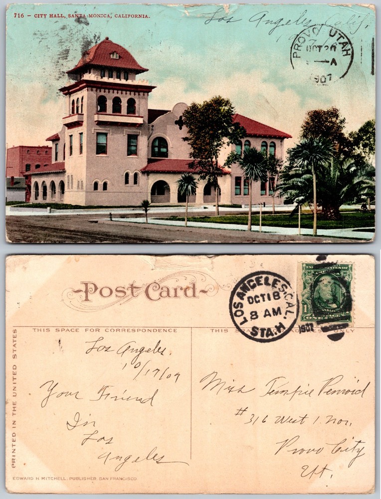 City Hall Santa Monica California Palm Trees Postcard