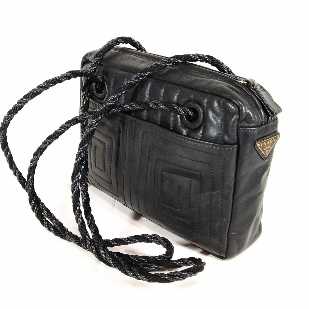 Vintage Prada Leather Stitch Shoulder Bag Black Made in Japan
