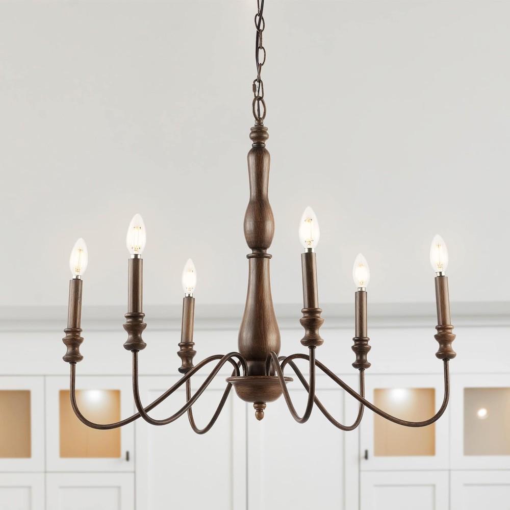 Rustic Midcentury 29-Inch Iron LED Chandelier with 6 Lights in Dark Brown