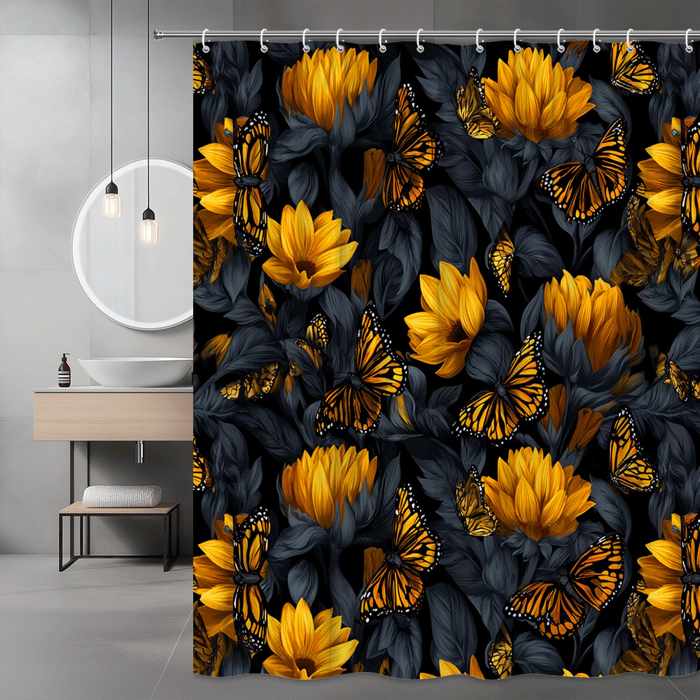 Monarch Butterfly Floral Shower Curtain Black Gold Print