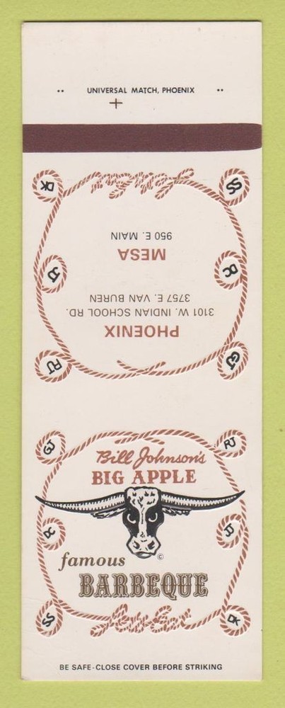 Matchbook Cover - Bill Johnson's Big Apple BBQ Phoenix Mesa AZ SAMPLE