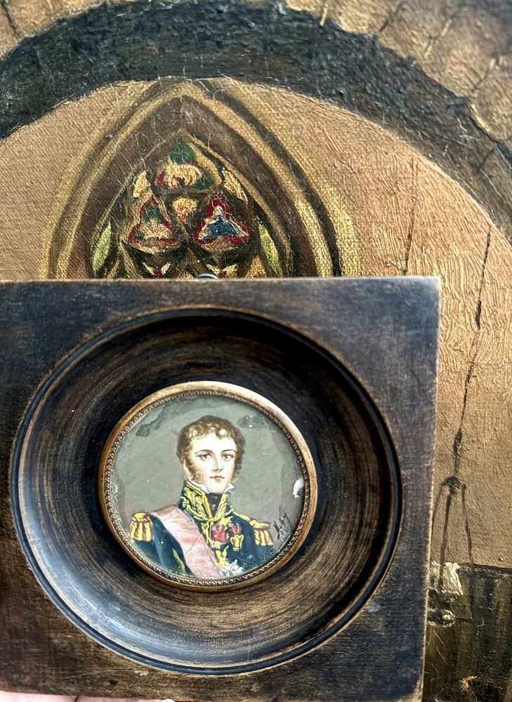 Antique French Officer Miniature Portrait on Porcelain Signed Watercolor c.1800s