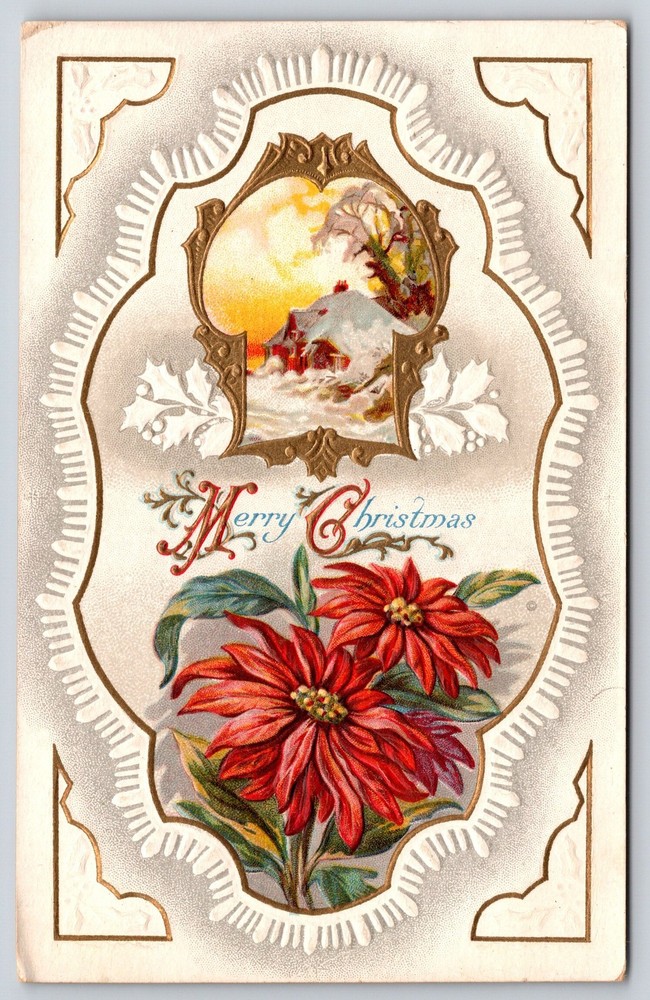 Holiday~Merry Christmas~Poinsettias~Winter House~Gold Frame~Emb~c1910 Postcard