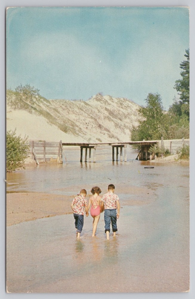 Vintage Silver Lake State Park MI Postcard Kids Dunes Bridge Lake Michigan