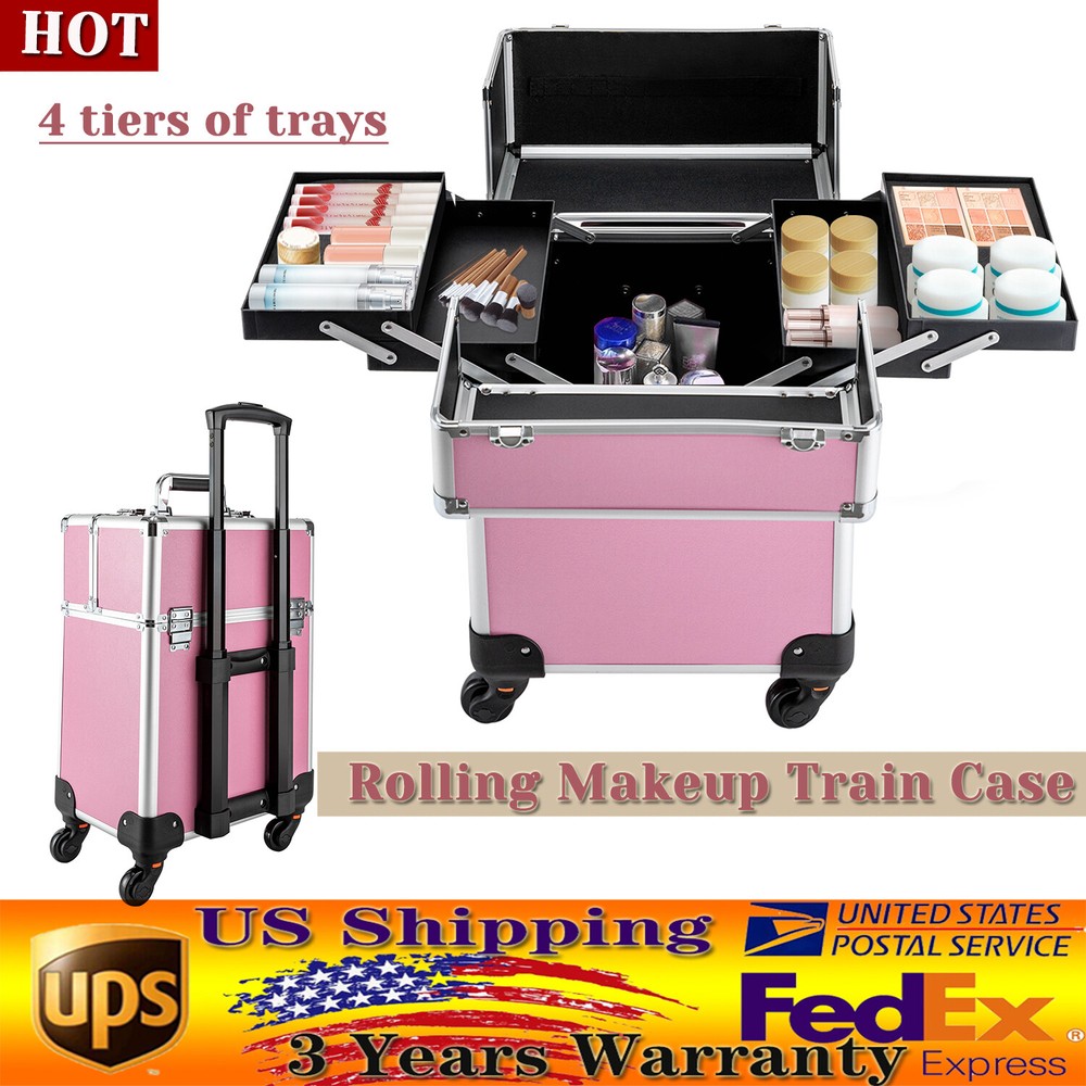 Pink Aluminum Rolling Train Case - Professional Cosmetic Organizer Trolley Box  