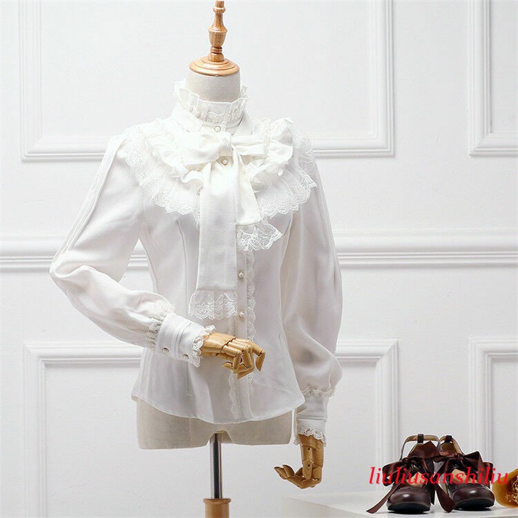 Retor Womens High Neck Ruffle Victorian Lace Long Sleeves Shirt Blouse Tops