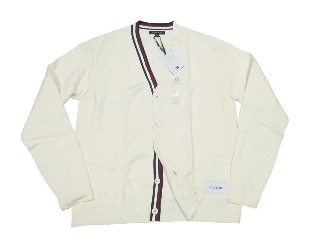 Tommy Hilfiger Men's Ivory Oversized Fit Stripe Placket V-Neck Cardigan Sweater