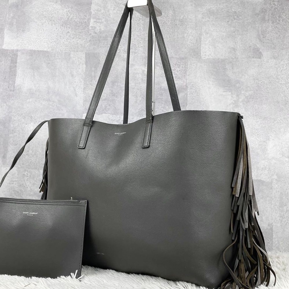 Saint Laurent Gray Genuine leather Tote Bag Fringe A4 Size Auth From Japan RA