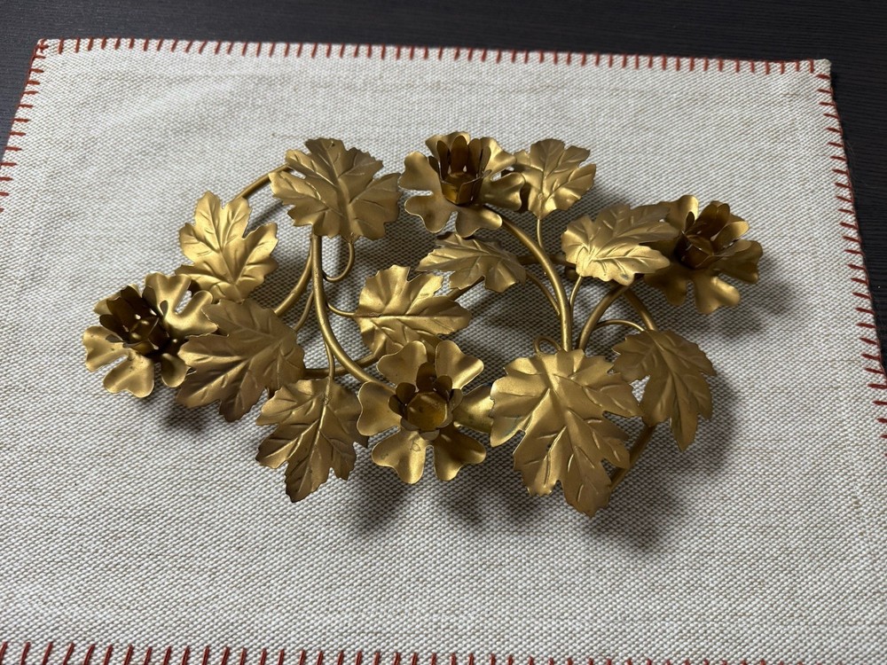 Vintage Gold-toned Metal Floral and Leaf Design Candle Sconce. 12 Inch