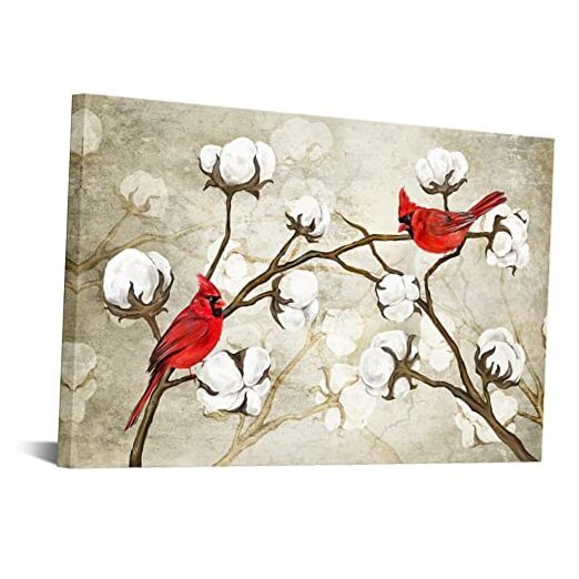 Vintage Couple Love Birds Canvas Wall Art Northern Cardinals with Cotton