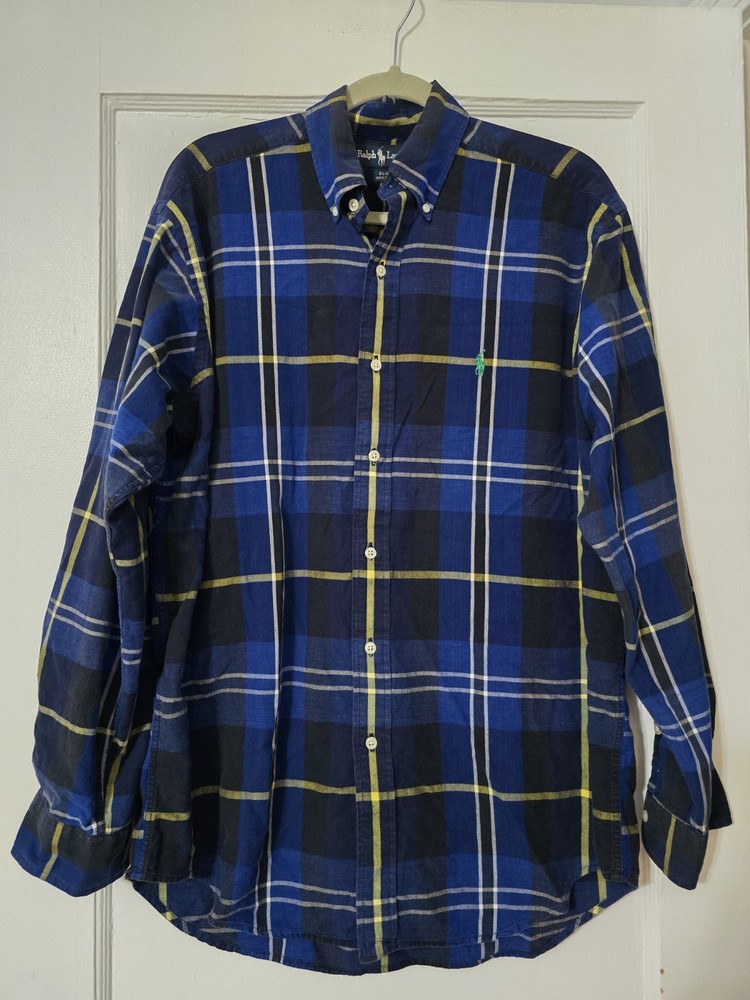 Vintage Polo Ralph Lauren Shirt Mens Medium Blue Plaid Blaire Pony