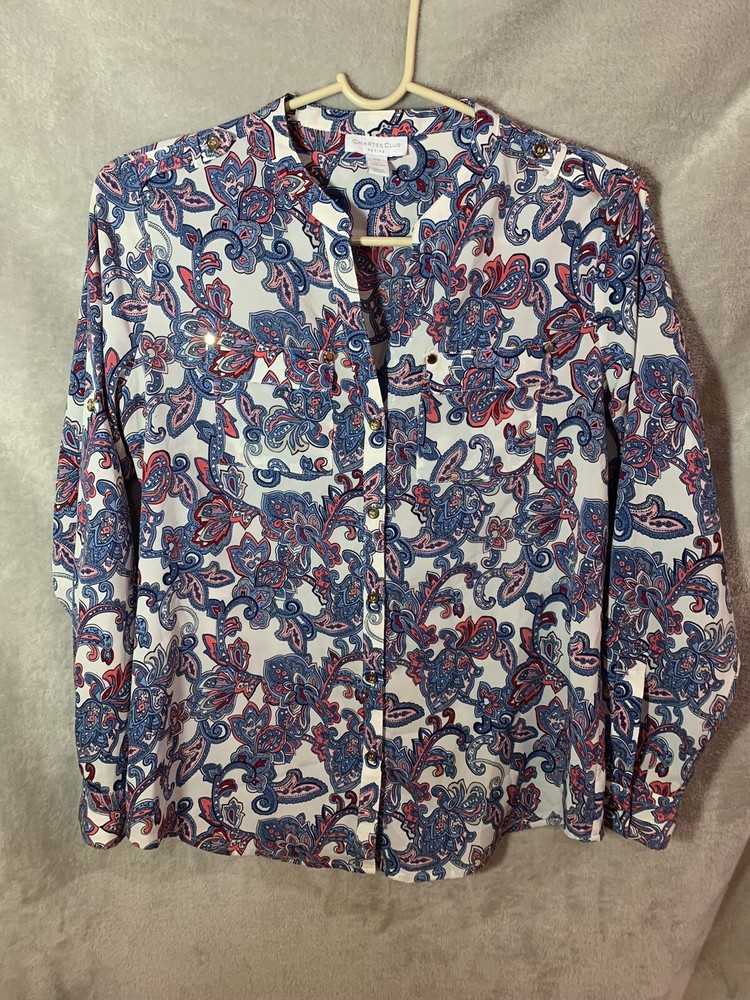 Charter Club Womens Button Up Shirt Size Petite Small Ivory Printed Blouse