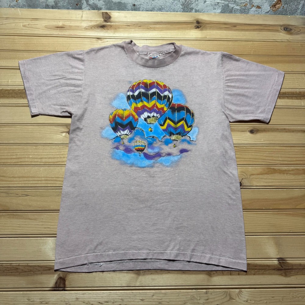 Vintage 90s Hanes Hot Air Balloon Clouds Glitter Graphic T-Shirt USA - Medium
