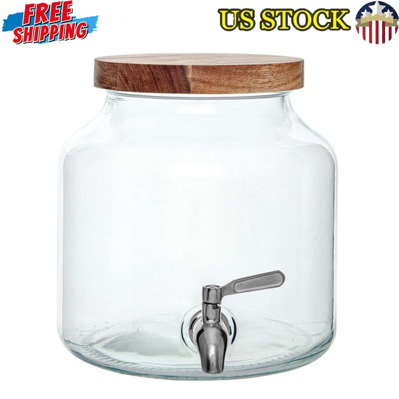 1.5-Gallon Clear Glass Beverage Dispenser with Acacia Wood Lid & Leak-Proof Spigot-image