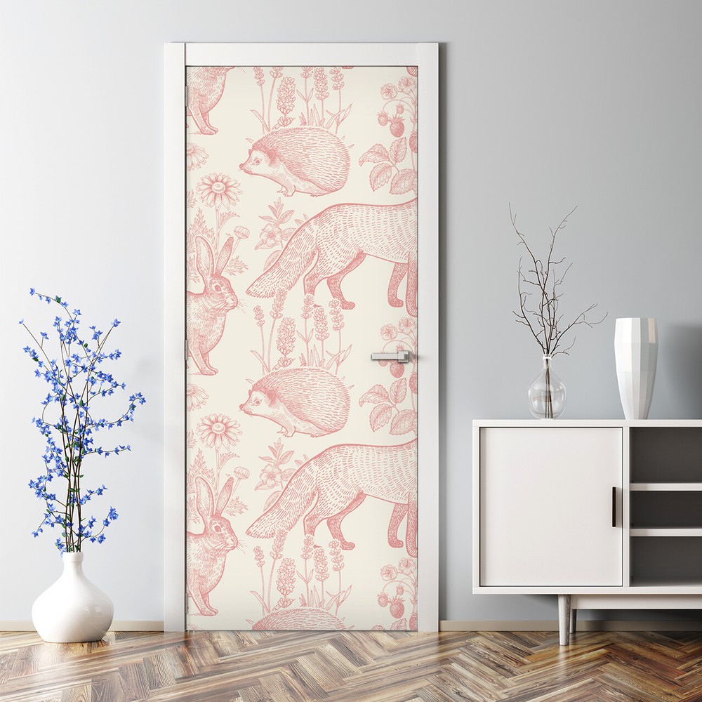 Pink forest animals bubble-free door sticker for home decor in pink and beige