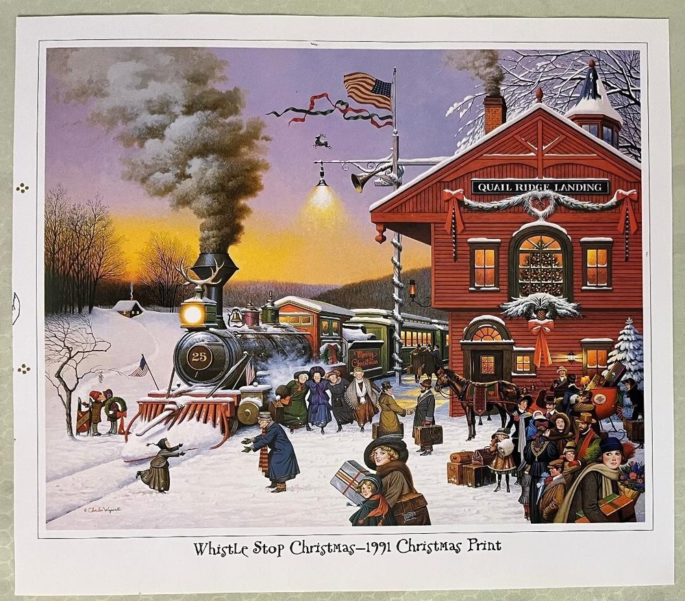 1991 Whistle Stop Christmas Charles Wysocki Train Painting Print 9×7