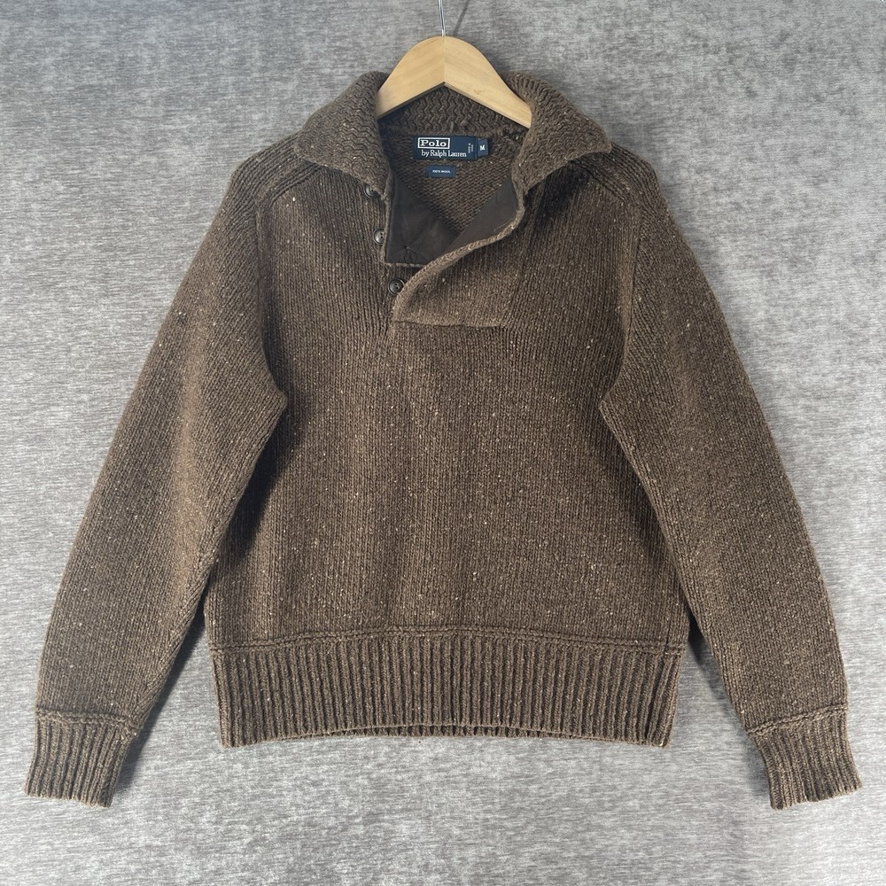 Vintage Polo Ralph Lauren 100% Wool Sweater Men’s Medium Brown Shawl Collar RARE