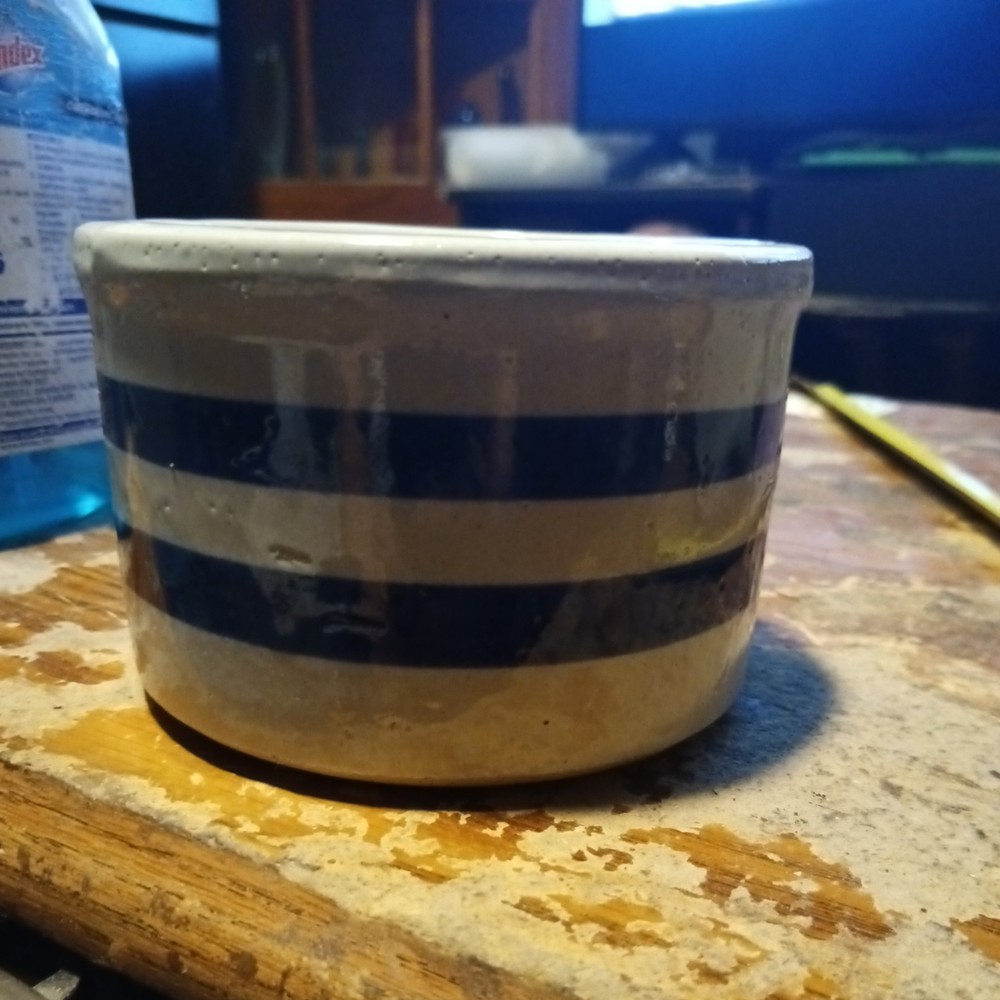 Vintage Blue Striped Stoneware Crock 4.5x3 blB2