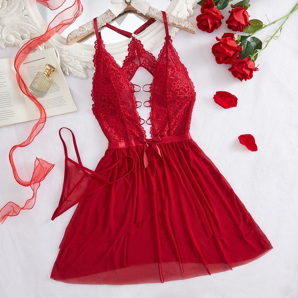 Women's Deep V Sexy Nightdress Babydoll Lace Nightgown Sleepwear with G-string