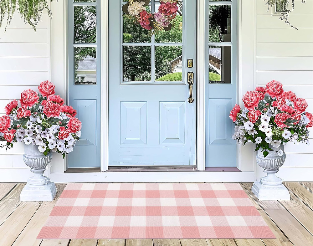 Pink White Outdoor Rug 2 X4.3 Buffalo Plaid Checked Front Porch Rug Cotton Woven