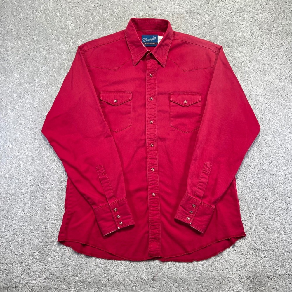 VINTAGE Wrangler Western Shirt Mens Large Red Faded Distressed Pearl Snap Cotton