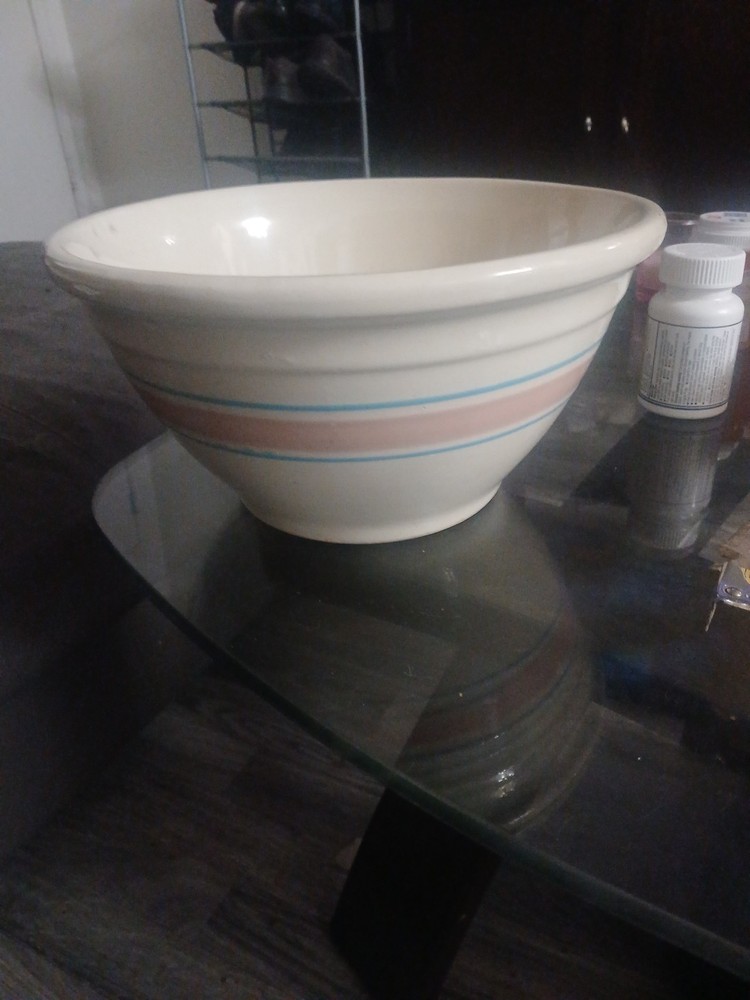 Vintage McCoy Oven Ware #10 Mixing Bowl Blue Pink Bands Pottery Made In USA