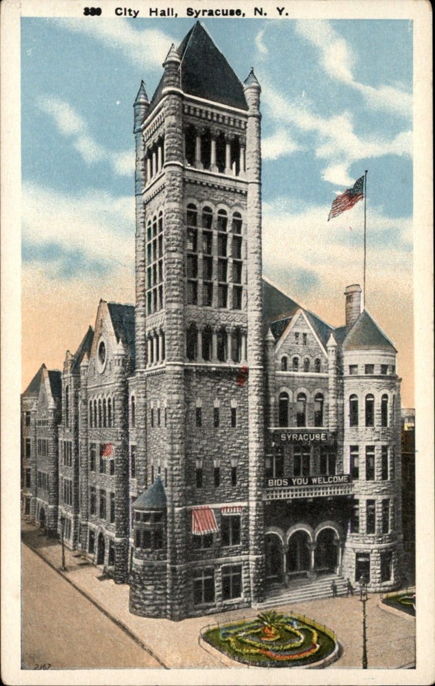 City Hall Syracuse New York flag ~ 1920s vintage postcard