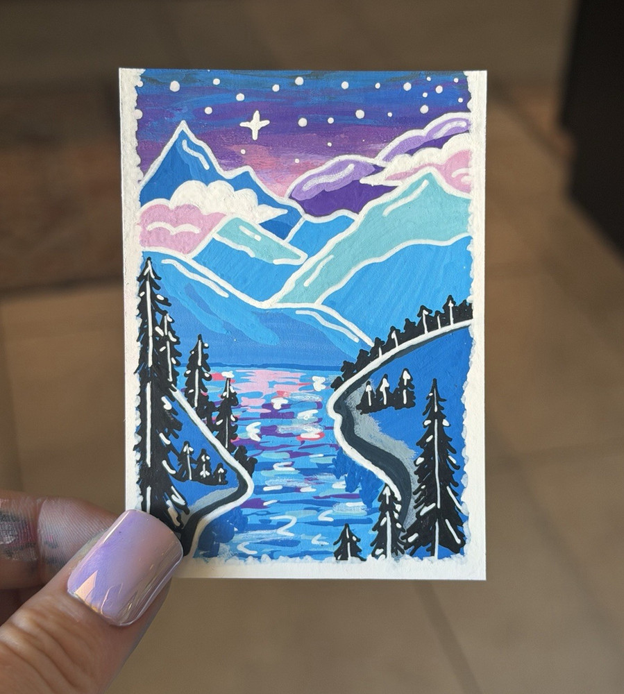 Original ACEO Abstract Twilight Whimsical Sky Mountain River Landscape by Sykes