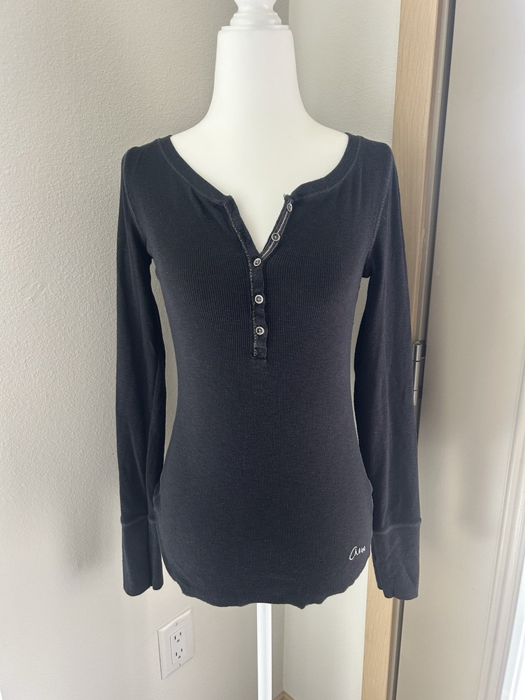 VTG Aeropostale Black Ribbed Fitted Henley Y2K Elena Gilbert Grunge