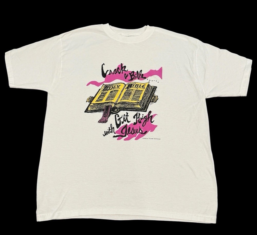 Vintage Jesus T-Shirt Size Large Crack a Bible Get High w Jesus Drug Parody 90s