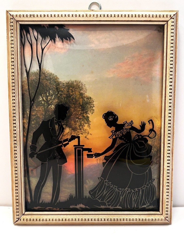 1930’s Painted Silhouette on Convex Glass Victorian Couple Getting Well Water