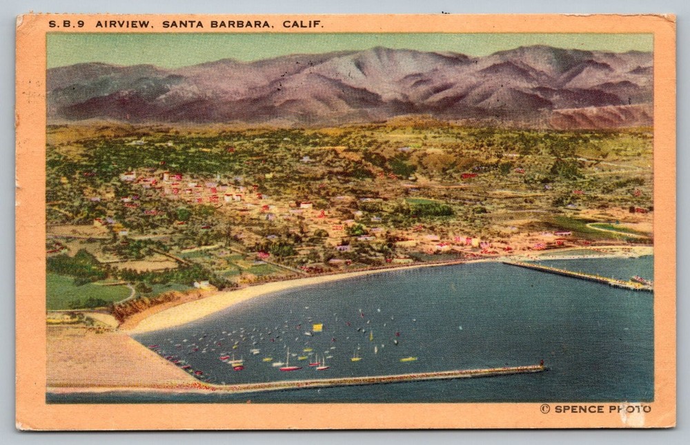 Vintage Santa Barbara CA Airview Linen Postcard c. 1940s Spence Photo