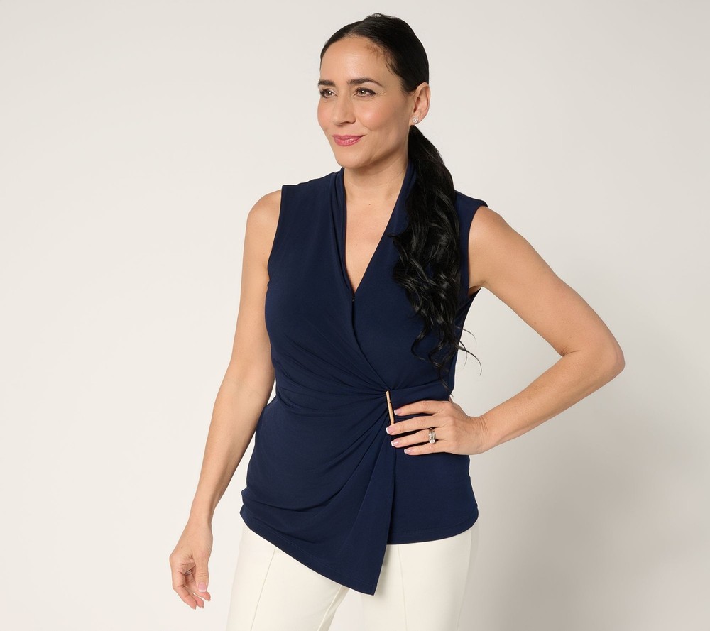 Susan Graver Women's Top Sz L Liquid Knit Draped Faux Wrap Hardware Blue A692155